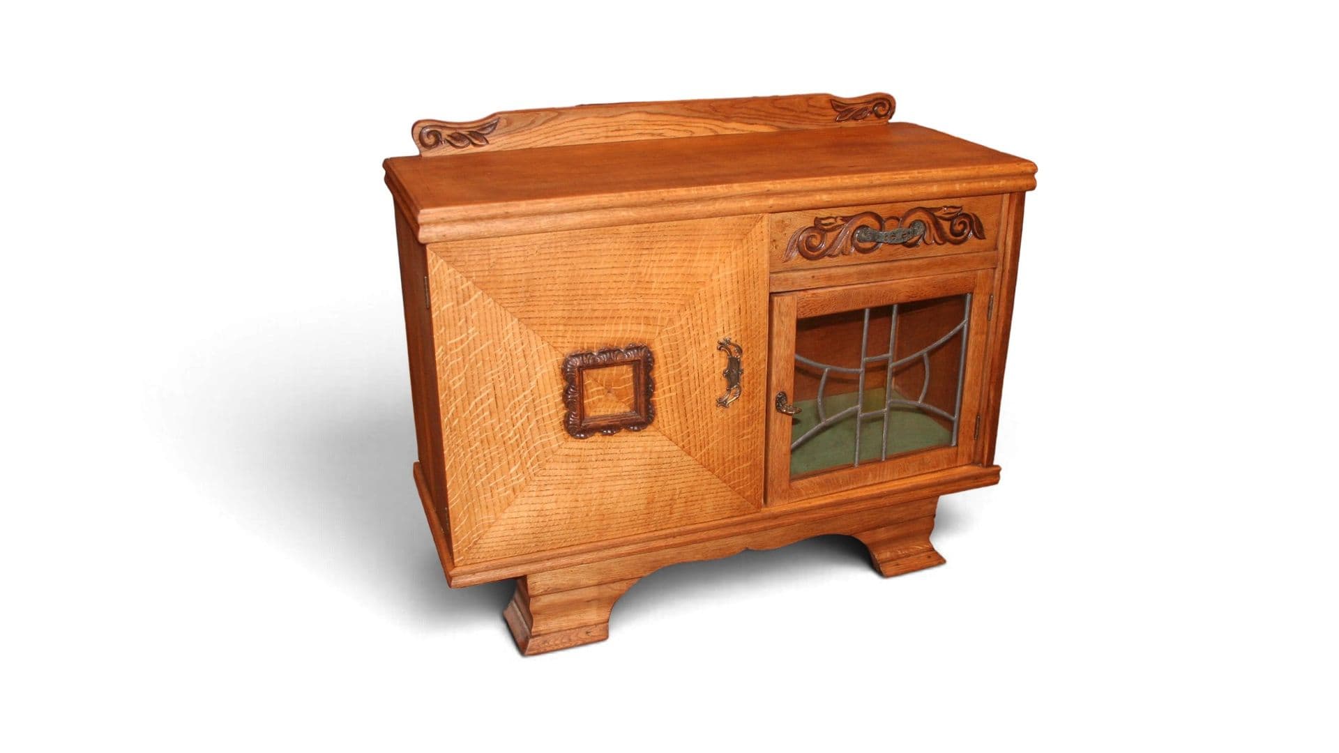 Antiek Vintage eiken Theekastje met glas-in-lood. : 94cm breed x 38cm diep x 70cm hoog. Voor Jessica, foto 1 van 5