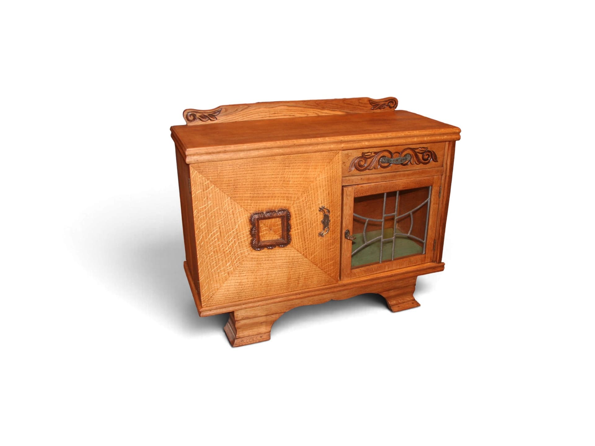 Antiek Vintage eiken Theekastje met glas-in-lood. : 94cm breed x 38cm diep x 70cm hoog.
